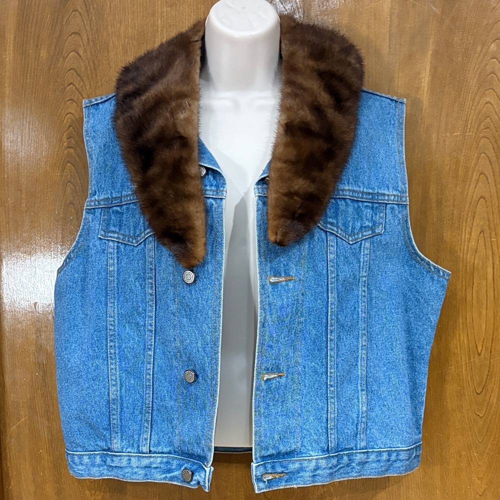 Genuine Mink Collar The Magic Pony Denim Vest 22” Pit -Pit